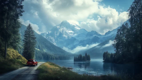 Photorealistic alpine lake vista with red car and misted peaks.