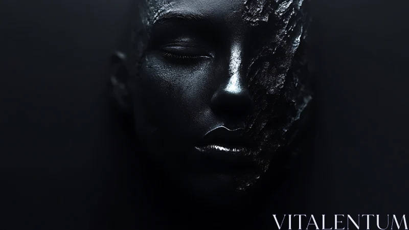 Monochrome sculpted visage eroded by fractal metallic decay