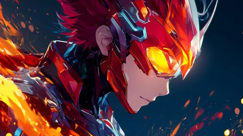Flaming armored anime hero in glowing red mech helmet.