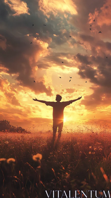 Silhouette in meadow against low sun and stratified clouds.