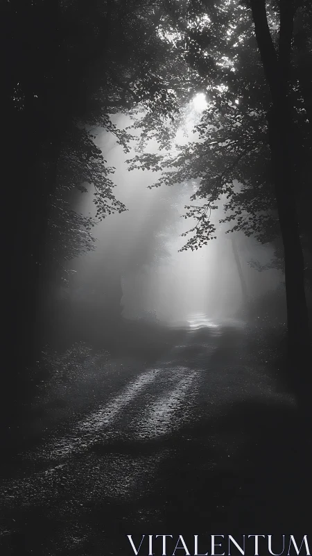 Monochrome forest path with overhead light penetration.