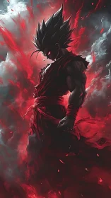 Dark anime warrior ignites with crimson power amid storm clouds
