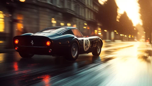 Vintage racer gliding through a rainlit city evening.