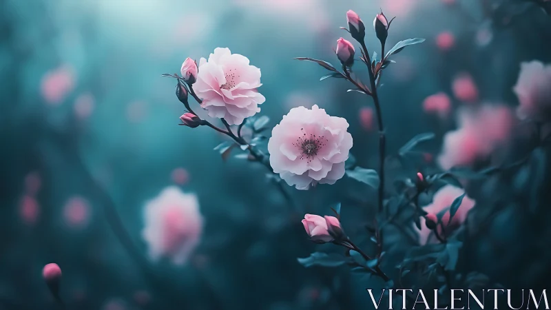 Pink Blooms Dance in Twilight Mist. Ethereal Garden Dreams.