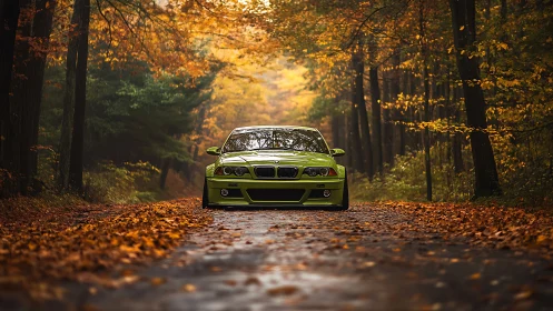 Green sports coupe is parked on a leaf-covered forest road