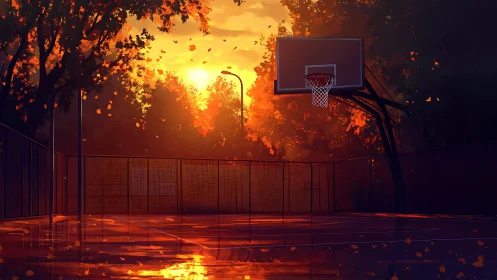 Sunlit autumn basketball court glows in golden evening light.