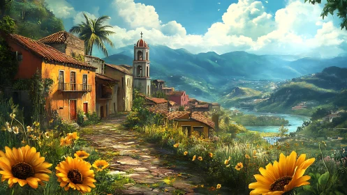 Sunlit hillside village path with distant river valley.