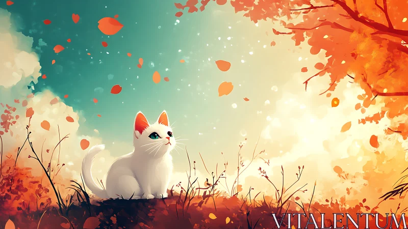 A Curious White Cat Watches Autumn Leaves Dance Through Golden Light