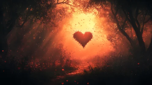 Glowing Heart Suspended in Luminous Forest Clearing