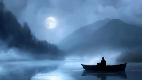 Solitary rowboat under lunar backlight on misted alpine lake