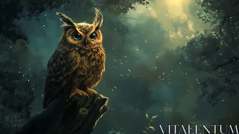 Majestic Owl on Tree Branch in Enchanted Forest, Digital Art.