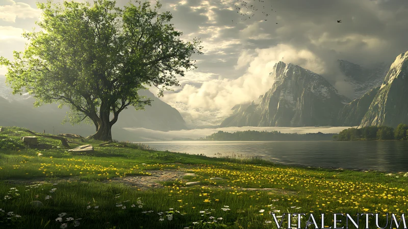 Lone lakeside tree under stormlit alpine cliffs. Period.