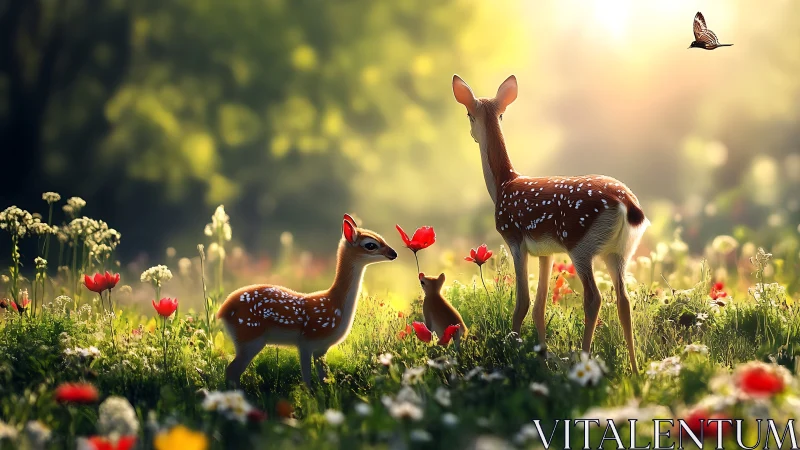 Deer family in sunlit meadow rendered as soft digital painting