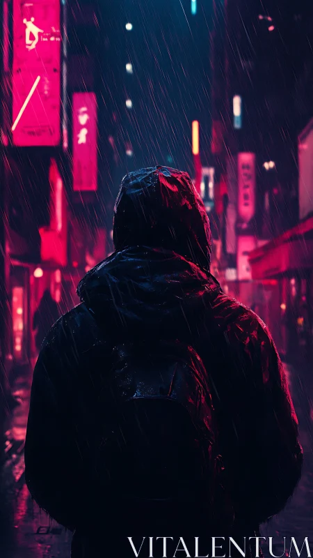 Cyberpunk rain-soaked wanderer in neon corridor composition.