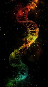 Cosmic DNA helix glows with luminous rainbow energy in space.