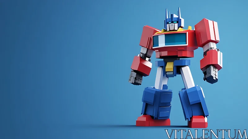 Blocky red and blue robot toy model on blue background.