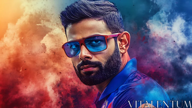 Vivid digital portrait of bearded man in sunglasses against smoke