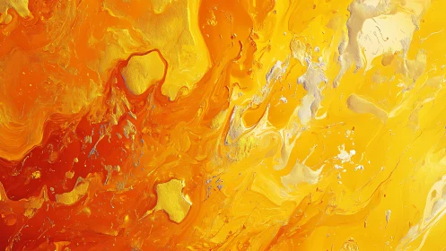 Vivid Abstract Orange and Yellow Fluid Art Painting with Metallic Accents.