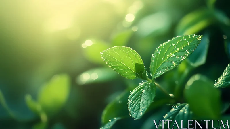 Morning dew sparkles on fresh mint leaves in soft sunlight.