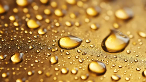 Golden droplets dance across luminous metallic plains.