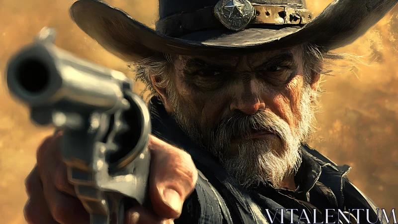 Digital western gunslinger close-up with cinematic depth of field.