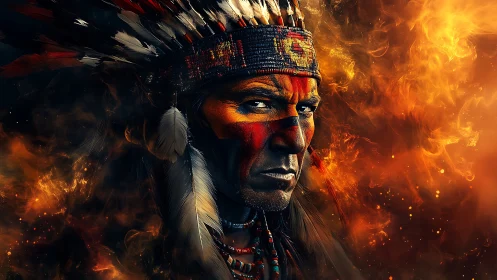 Fiery warrior portrait amid swirling inferno hues.