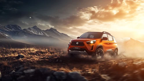 Orange off-road SUV powers through rugged mountain trail.