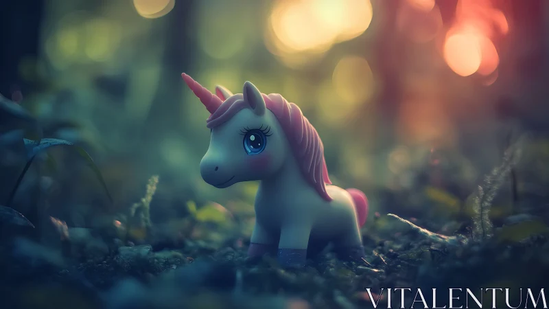 Tiny pastel unicorn waiting in a dreamy forest glow.