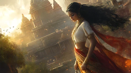 Wind-swept woman in ornate sari before sunlit sandstone temple
