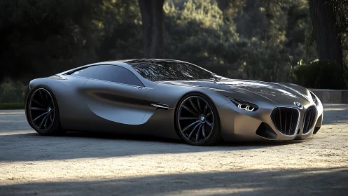 Sleek metallic BMW concept coupe on sunlit outdoor roadway.