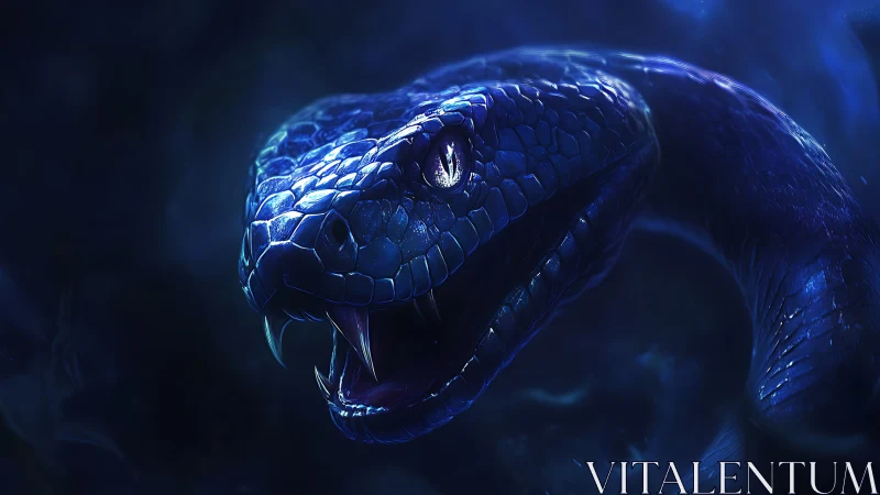 Midnight serpent emerging with luminous cobalt scales.