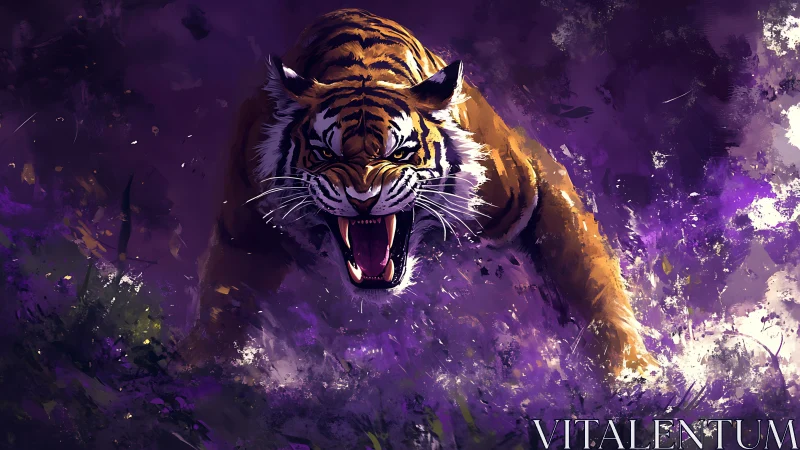 Roaring tiger lunges through abstract violet jungle haze.