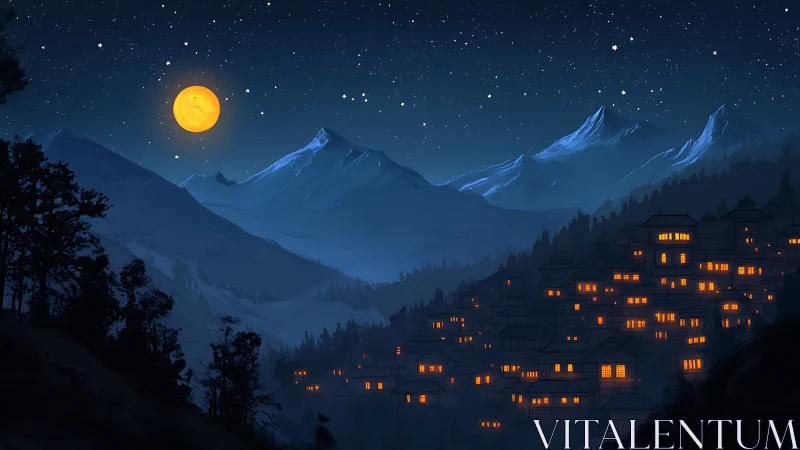Mountain village glows under a moonlit, star-filled sky.
