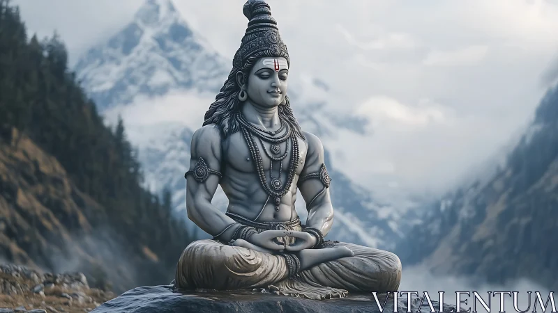 Meditating stone deity statue in misty Himalayan valley.