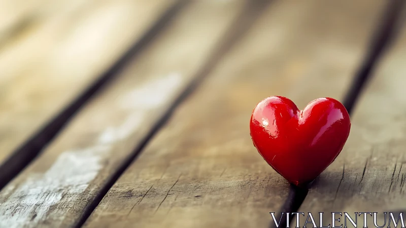 Red heart-shaped object on wooden surface.