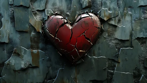 Red heart form penetrating weathered teal tile surface layers