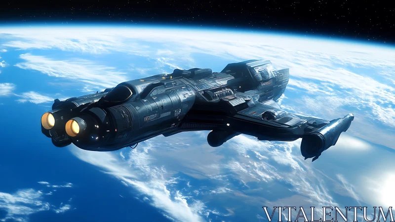 Deep-space gunmetal cruiser gliding above blue Earth orbit.