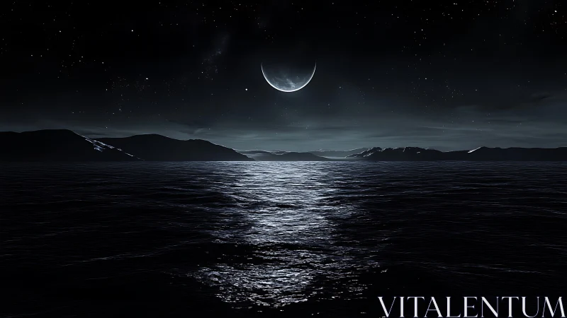 Crescent moonlit ocean horizon with silhouetted mountain coastline