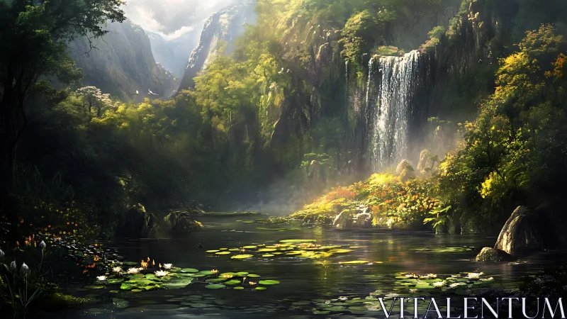 Luminous forest waterfall over reflective lily pond at dawn.