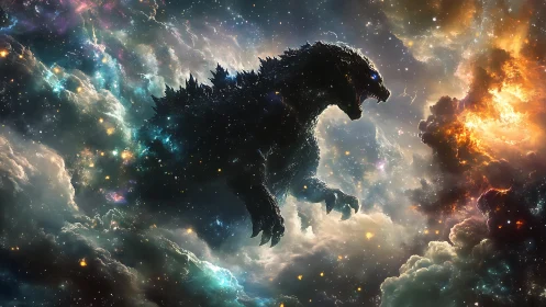 Silhouetted kaiju form positioned within dense cosmic clouds.