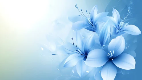 Blue flowers rendered with gradient shading and soft atmospheric effects.