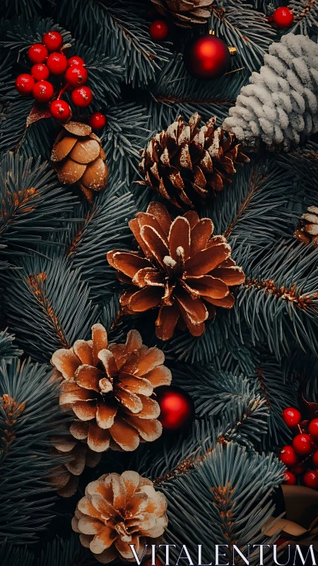 Frosted pine cones and red berries in rich festive foliage.
