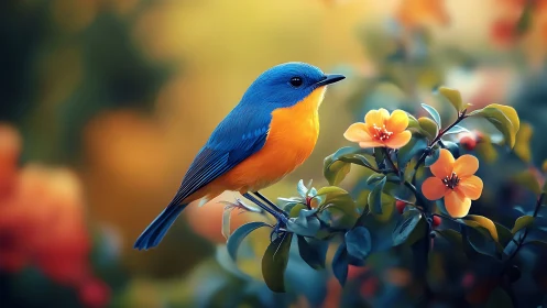 Vibrant blue and orange songbird perched on flowering branch, digital art.