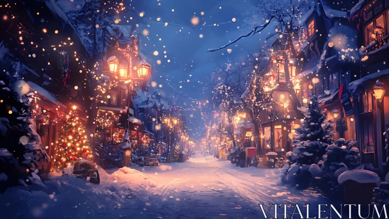 Snowy Christmas village street glows with warm festive lights