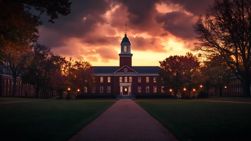 Golden evening light welcomes students to a quiet campus