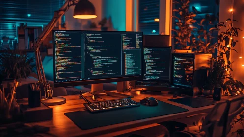 Triple-monitor coding workstation glows in cinematic neon light