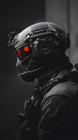 Futuristic tactical soldier waits in darkness with red visor