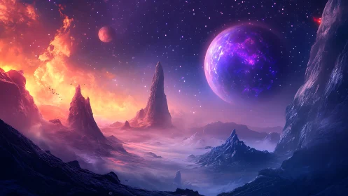 Alien horizon under radiant nebula sky and twin moons.