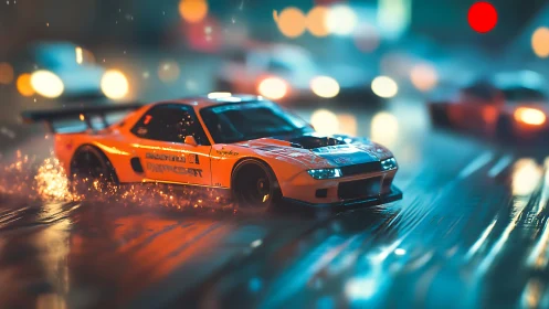 Orange drift car cuts neon-soaked rain street at speed.