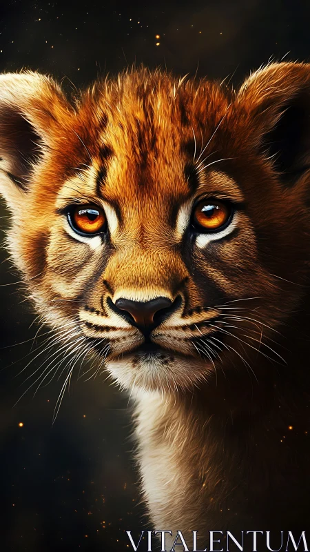 Starlit lion cub studies the cosmos with ember-bright eyes